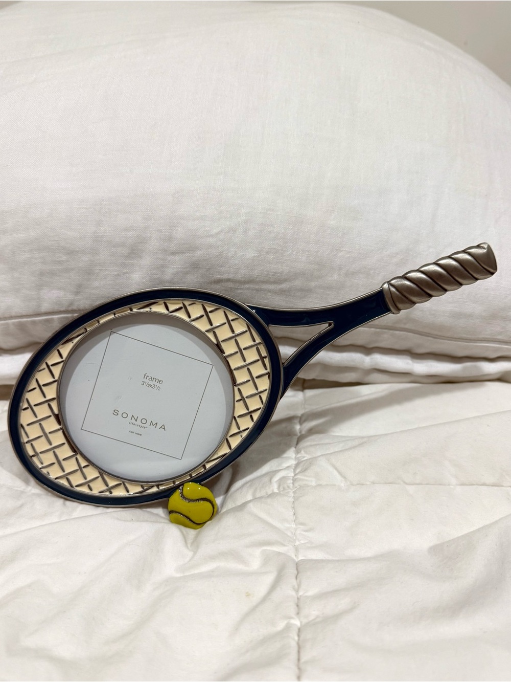 Sonoma turquoise and Cream Tennis Racket Photo Frame with Yellow Ball Accent